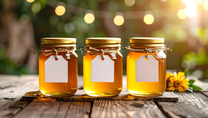 Three Jars of Honey with Blank Tags on Wooden Table