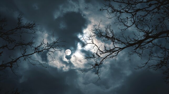 Full moon in eerie night sky with bare tree branches and rolling clouds