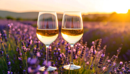 Two Glasses of White Wine in a Lavender Field at Sunset