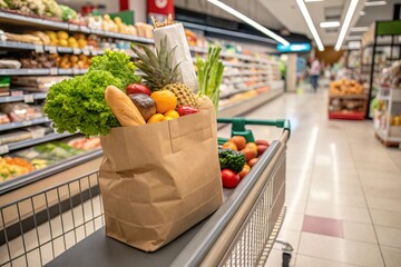 Brown paper grocery bag filled with fresh produce and bread in a shopping cart