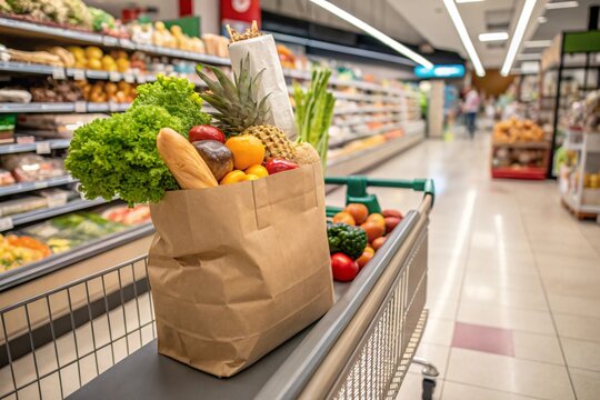 Brown paper grocery bag filled with fresh produce and bread in a shopping cart