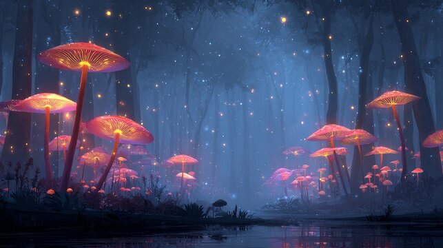Enchanted forest with glowing mushrooms and mystical night sky