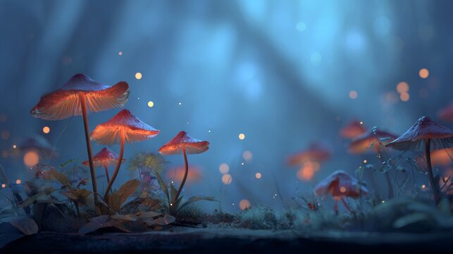 Enchanted forest: glowing mushrooms at night in a magical landscape - Powered by Adobe