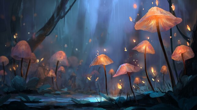 Enchanted forest with glowing mushrooms at dusk
