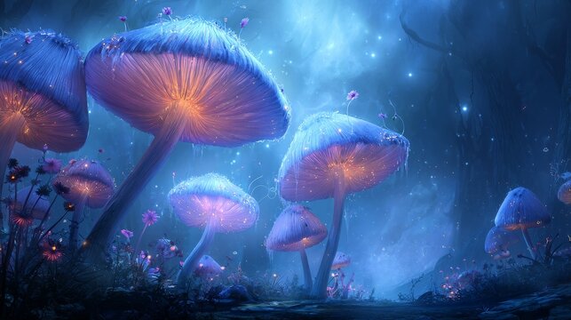 Enchanted bioluminescent mushrooms in mystical night forest - Powered by Adobe