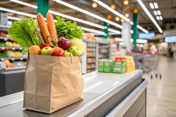 Brown paper grocery bag filled with fresh fruits and vegetables at checkout counter
