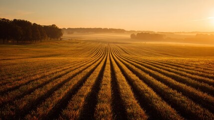 Serene sunrise over expansive rural landscape with lush green fields and trees