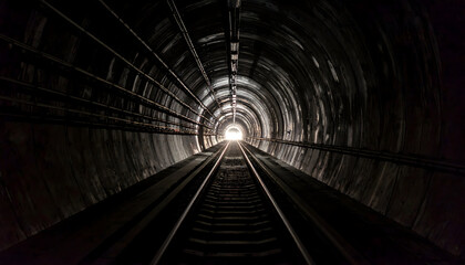 Dark Tunnel with Train Tracks and Distant Light