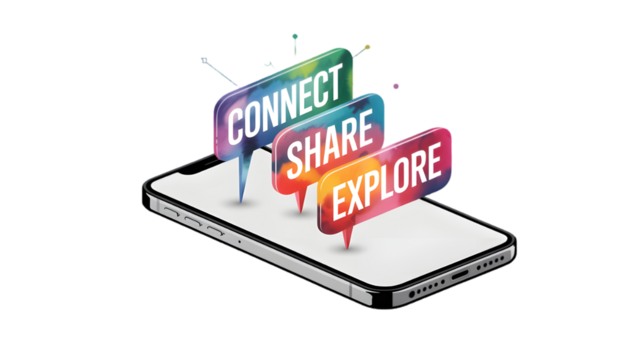 Smart-phone communication and online life: A sleek smart-phone interface, communicating modern connections, shares, and explores digital platform.