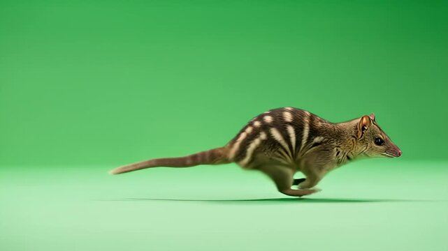 Small Striped Mammal Hopping on Green Background