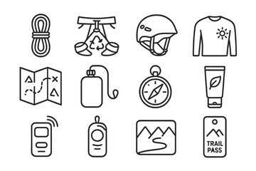 Outdoor adventure icons: gear, navigation, and safety essentials