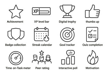 Gamification icons: achievement, trophy, badge, calendar, goal, quiz, meter, rating