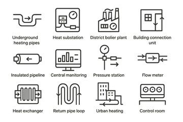 Icons of urban heating infrastructure: boilers, pipes, monitoring systems