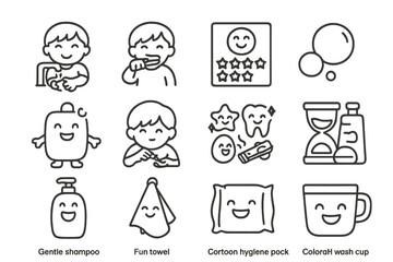 Cartoon hygiene icons featuring children and smiling face designs