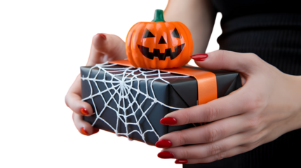 Halloween Gift: An elegant gesture as a person tenderly presents a wrapped gift adorned with a spooky spider web and an adorable jack-o'-lantern, alluding to festive season.