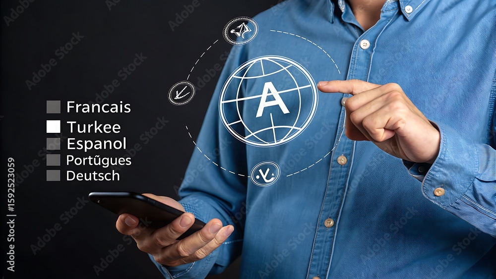 Poster selecting a language: man taps globe icon on smartphone with language options displayed, promoting g