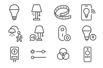 Smart home lighting icons: bulb, lamp, remote, control, automation