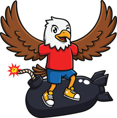 Eagle mascot character wearing casual clothes riding a black bomb with lit fuse vector illustration 