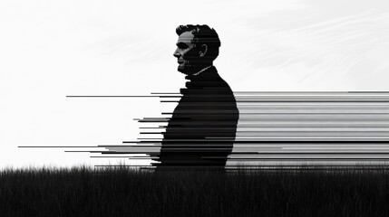 Monochrome portrait of a historical figure, partially dissolving into abstract lines against a grassy field.