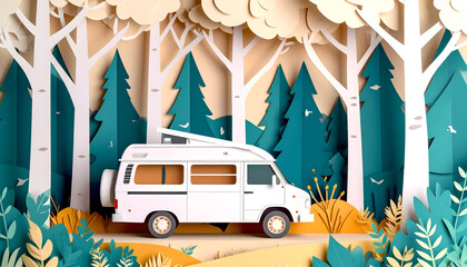 White Camper Van in Paper Craft Forest Scene