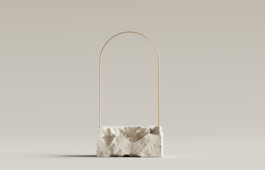 3D podium stone display on pastel beige background. Rock, cosmetic beauty product promotion pedestal with sun shadow and gold frame. Nature landscape showcase . Abstract minimal studio 3D render