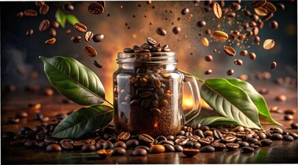 Image Description

Coffee beans on a wooden background with a glass jar, a fresh and hot beverage for breakfast