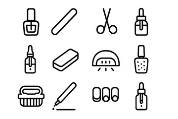 Obraz premium Nail care tools icon set: polish, file, scissors, brush, kit