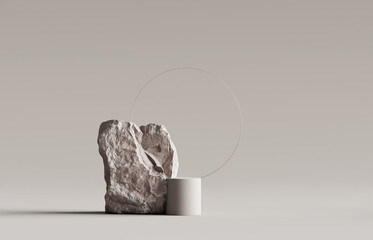 3D podium stone display on pastel beige background. Rock, cosmetic beauty product promotion pedestal with sun shadow and gold frame. Nature landscape showcase . Abstract minimal studio 3D render