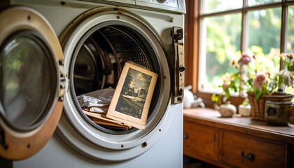 Vintage Washing Machine with Old Photographs