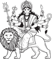 Fototapeta premium Vector Illustration of Goddess Durga with Lion and Weapons - Hindu Devi Art