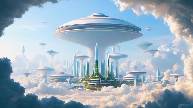 Large saucer-like futuristic platform rises above cloud-filled high-tech city with vertical towers and lush green rooftops. Concept of futuristic airborne utopia