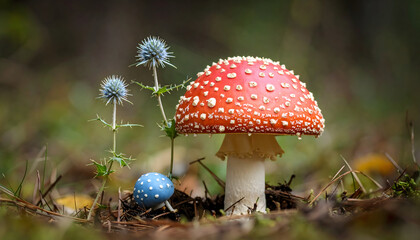 Red And White Spotted Mushroom With Blue Flowers In Forest