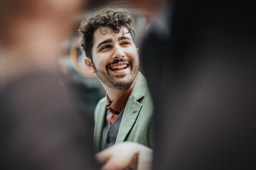 A man in a stylish green suit enjoys a sunny day, sharing uplifting and joyful moments with people...