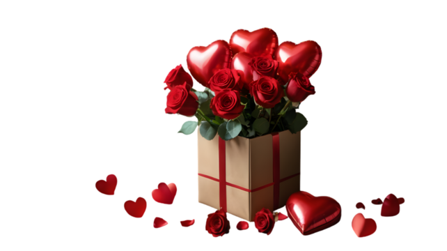 Love's Bouquet: A romantic composition, featuring vibrant red roses and heart-shaped balloons, elegantly arranged within a rustic gift box, embodying love and affection for the special occasion.