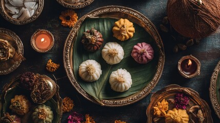 Fototapeta premium Traditional indian modaks on banana leaf with festive candles and decor