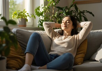 Peaceful Woman Enjoying a Moment of Serene Relaxation on a Sofa in a Sunlit Room, Healthy life style, good vibes people and new home concept