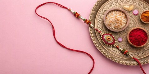 Traditional Rakhi Thali Arrangement with Diya Sweets Rakhi Bracelet and Kumkum Bowls
