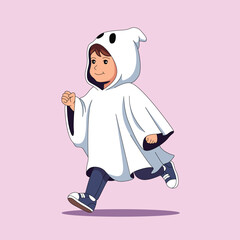 A young child dressed in a ghost costume runs happily against a light purple background.