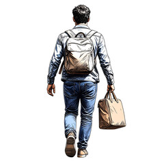 3 m - Hand-Drawn Sketch of a Casual Man Walking from Behind, Transparent Background