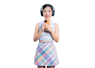 An excited young Asian woman with headphones, using her smartphone as a microphone to sing karaoke with joy.
png