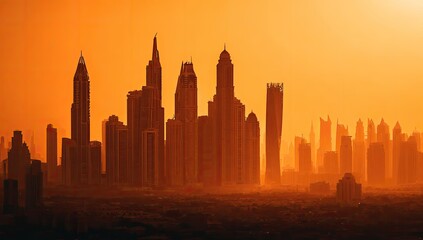 City skyline at sunset, silhouettes of tall buildings