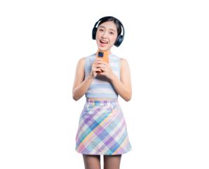 An excited young Asian woman with headphones, using her smartphone as a microphone to sing karaoke with joy.
on png 