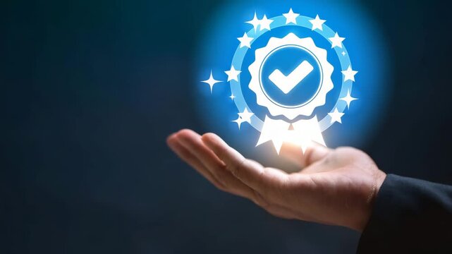 Hand presents certified quality assurance, representing guarantee and high standards with a bright and modern aesthetic.