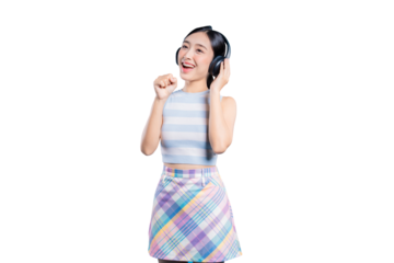 A joyful young Asian woman wearing headphones, singing with passion and feeling the rhythm of the music.on png 
