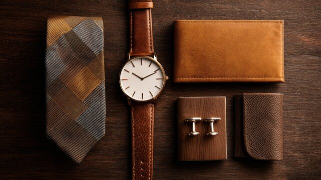 Elegant male accessories set with watch, wallet, tie, and cufflinks on wooden surface