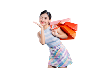 A charming young Asian woman with shopping bags, winking and blowing a kiss to the camera after a fun shopping day.on png 
