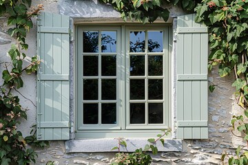 A traditional sash window frame in pale cream, adorned with green shutters, allowing a fresh breeze to blow in from the garden -
