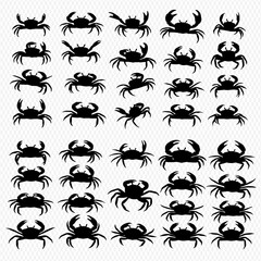 A collection of crab silhouettes arranged in rows and columns, showcasing various poses and perspectives of the crustacean.
