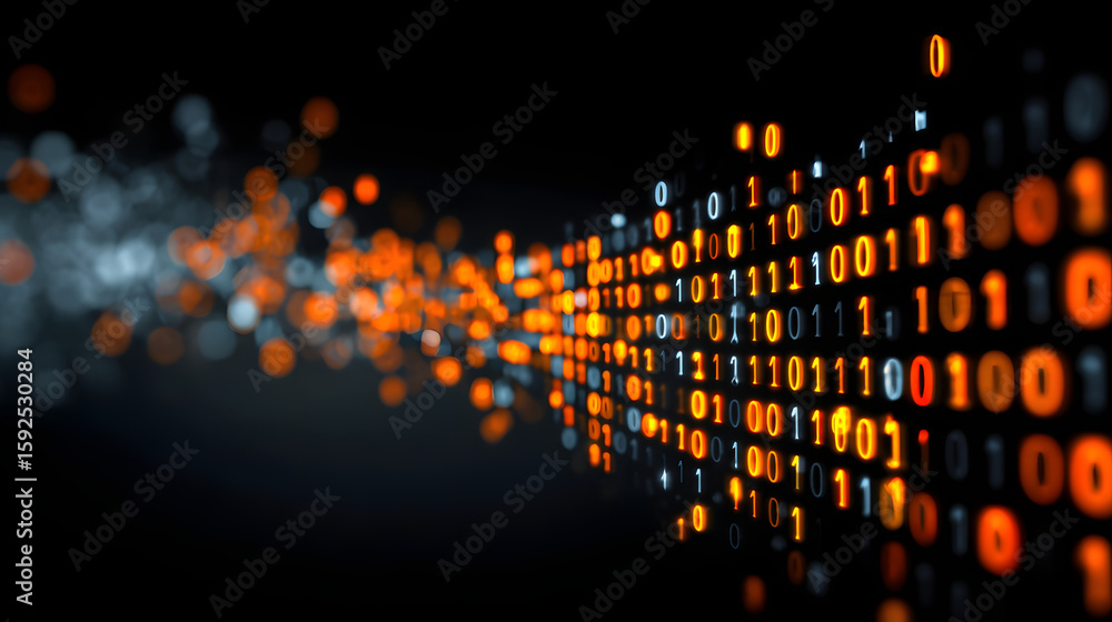 Poster long line of binary numbers with orange and blue colors. concept of technology and complexity