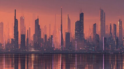 Naklejka premium Futuristic cityscape at dusk with illuminated skyscrapers reflecting on water